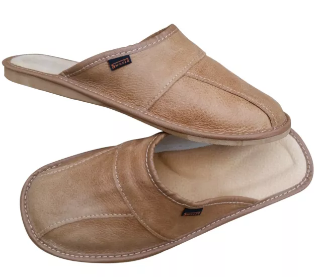 Leather Slippers for Men Brown Slip On Shoe Size 6.5-11 Summer Mule Scuff Beach