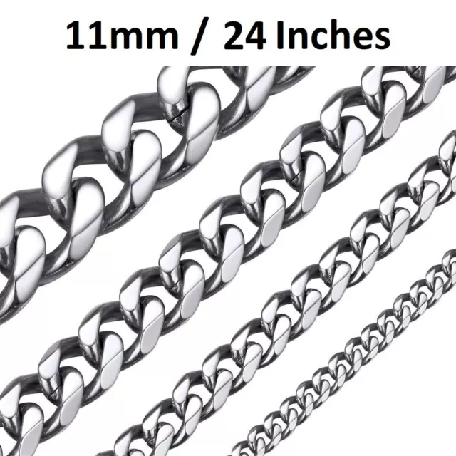 Silver 316L Stainless Steel 11Mm Wide 24 Inch Long Cuban Curb Chain Necklace