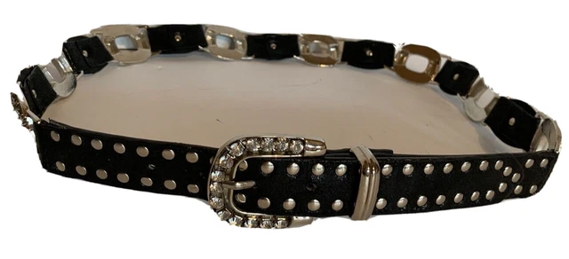 Womens Medium Black Faux Leather Silver Hardware Crystal D-Ring Buckle Belt