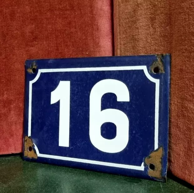 French vintage Large domed enamel house sign number 16 white raised for door .