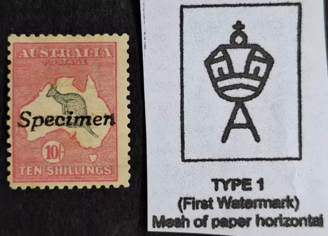 1913 Australia 10/- Grey&Pink Kangaroo stamp 1st WMK Type A Specimen O/P Mint