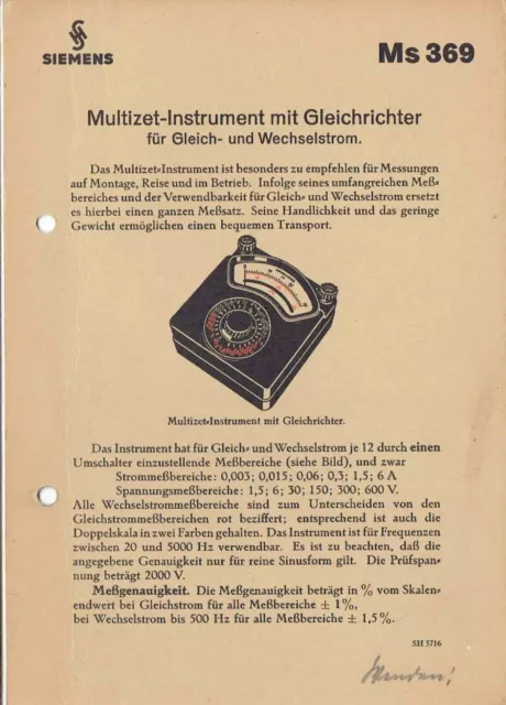 Siemens Ms 369 Multizet-Instrument Gleichrichter + Anwendung