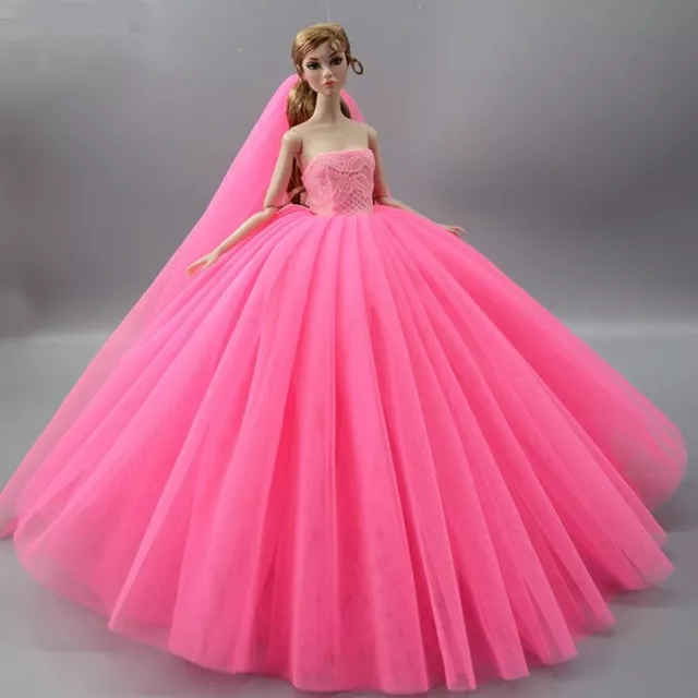Pink Doll Dress For Barbie Doll Clothes Outfit Evening Party Gown Wedding Dress 3