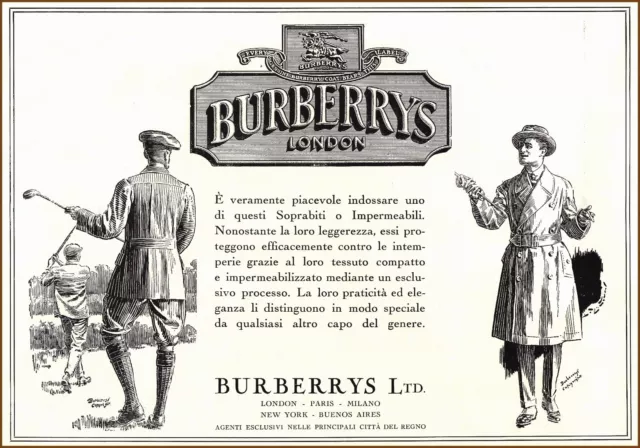 Pubblicita' 1930 Impermeabili Soprabiti Burberry London Golf Moda Style Sport