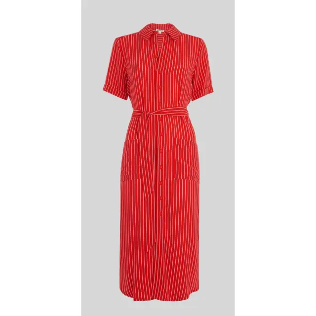 Whistles Montana Red & White Striped Midi Shirt Dress Size US 8 UK 12