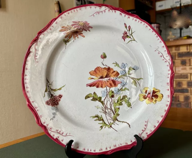 Superbe PLAT ancien faïence CREIL &MONTEREAU 19e décor  floral polychrome "Olga"