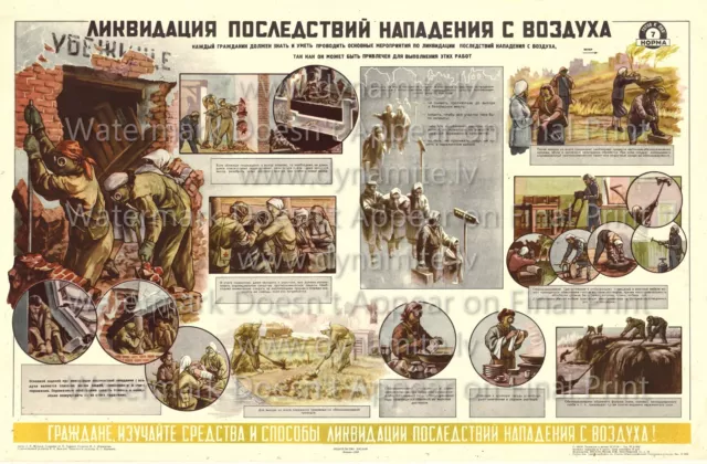 Soviet Russian WETPROOF PP Poster Print GAS MASKS, AIR RAID 24x36"