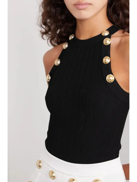 BALMAIN NWT $1150 Black Button-Embellished Ribbed-Knit Halter Tank Sz 44 / 12 US