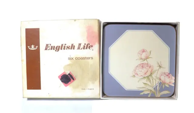 4 Vintage English Life Coasters Peace Lilac Floral Cork Back Made in England