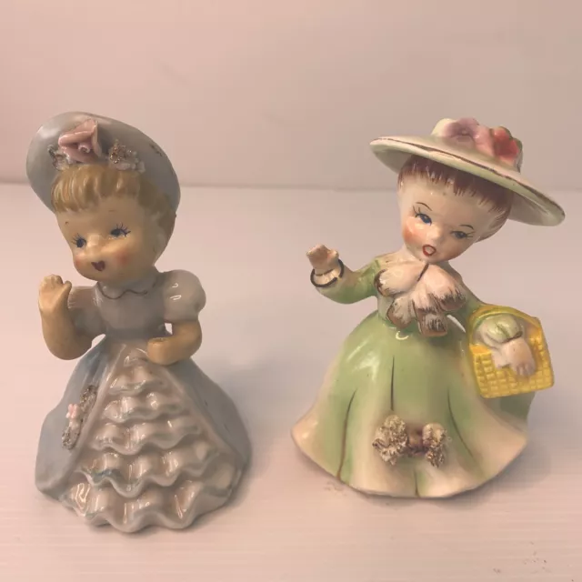 Original Kitsch Japan Vintage Girls x 2 Figurines Porcelain No Chips Or Cracks