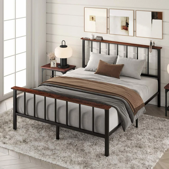 QUEEN SIZE HEAVY Duty Metal Platform Bed Frame with Headboard Shelf