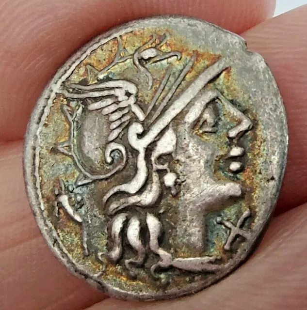 147 BC ancient silver coin Roman Republic denarius of L Cupiennius colorful tone