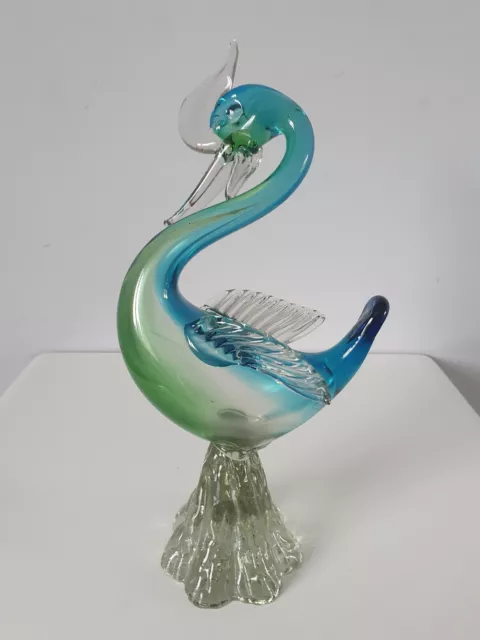 Murano Vintage Art Glass Swan Bird Duck Blue & Green Hollow Figurine