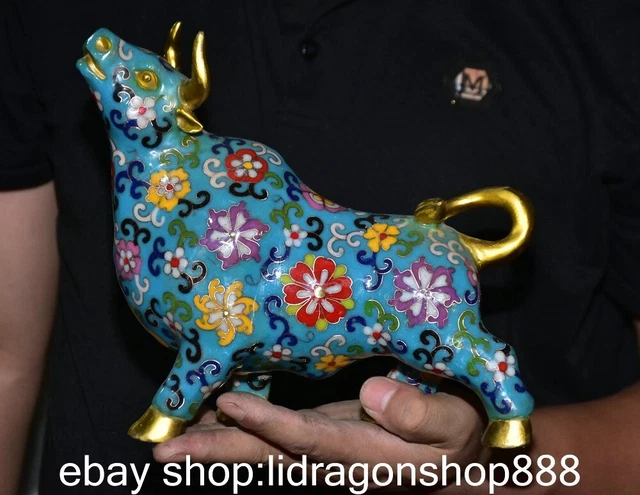 8.4 "Chine antique bronze cloisonné doré animal statue de vache sculpture