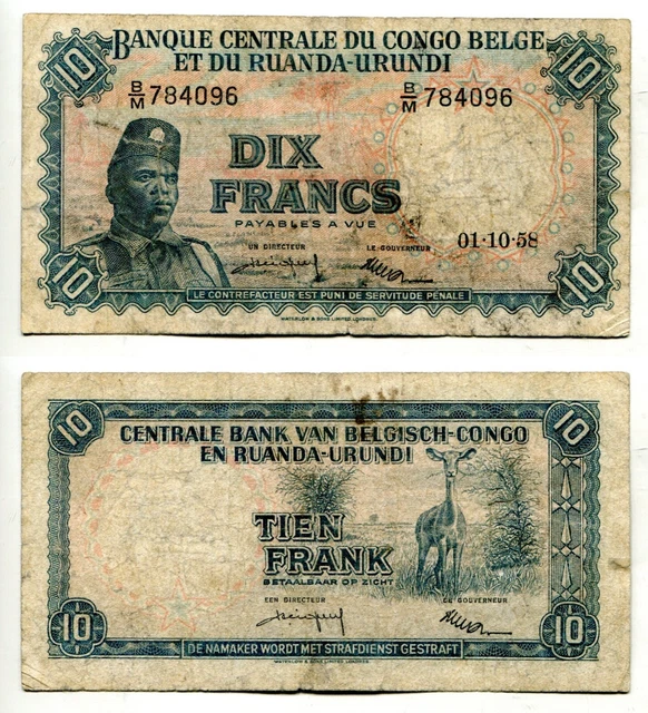 10 francs Belgian Congo 1958, heavily used #10