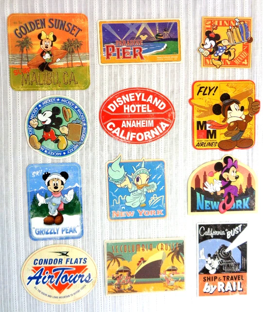 12 VINTAGE DISNEYLAND Walt Disney Stickers Mickey Donald Minnie Hotel
