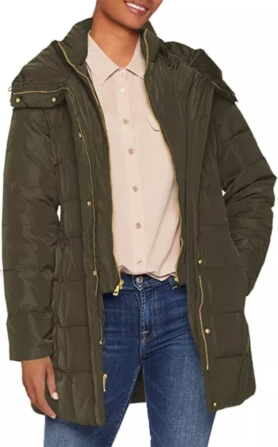 NWT Cole Haan Womens Taffeta Down Coat With Bib Deep Forest Size L $250 5D332