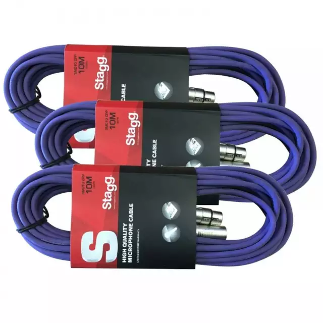 Stagg/Stagecore 3x 10M Lila XLR Stecker auf Buchse Mikrofon Blei & Audiokabel Pack