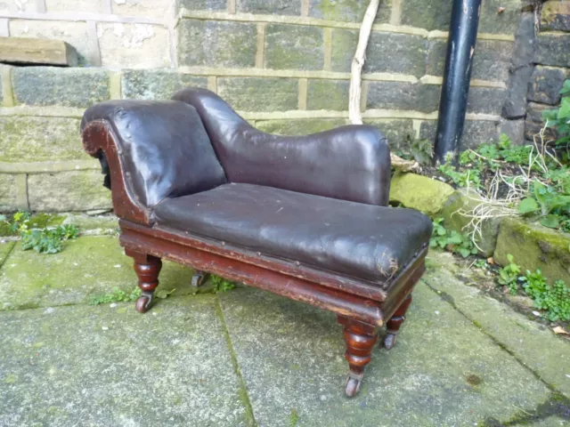 Unusual Small Antique Victorian Leather & Mahogany Chaise Lounge, Child, Dog?