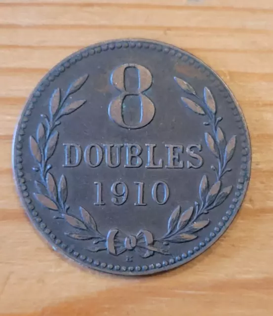 Guernsey Channel Islands 1910 Eight 8 Doubles coin
