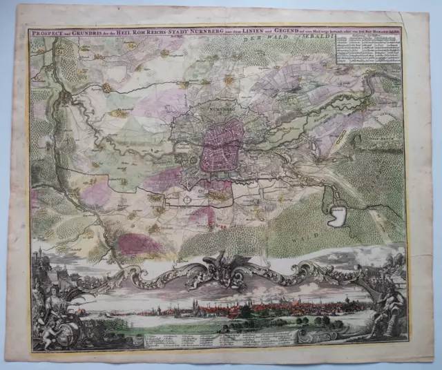 Nürnberg Original Kupferstich Gesamtansicht altkol. 1720 Homann Franken Bayern