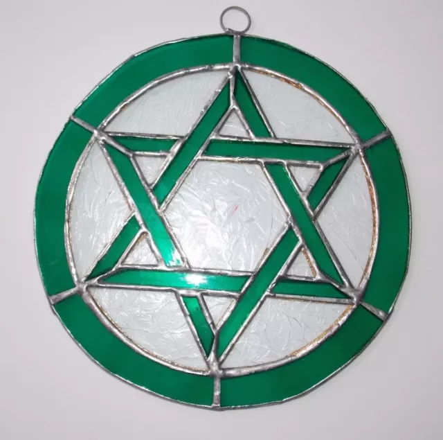 One Leaded Stained Glass Round Sun Catcher Green Star of David Hanging 7''