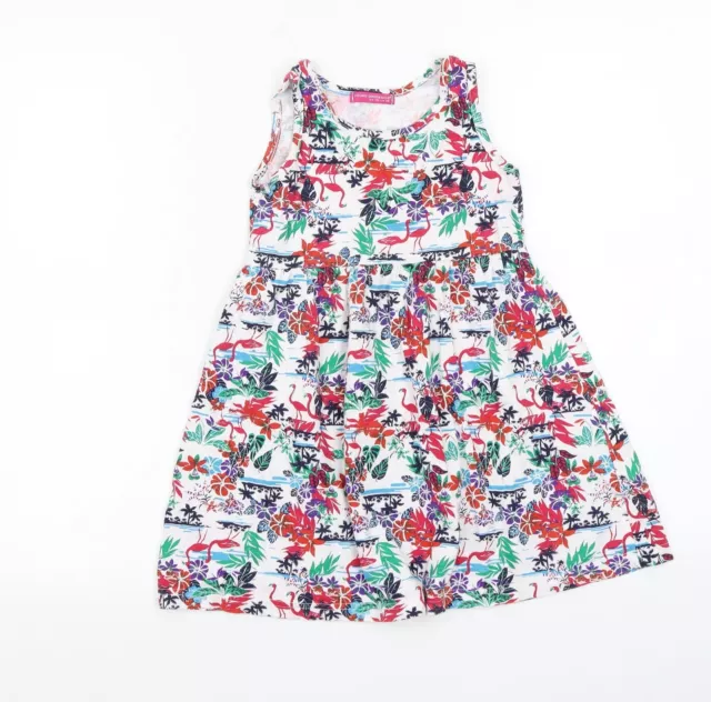 Young Dimension Girls White Floral 100% Cotton A-Line Size 5-6 Years Round Neck