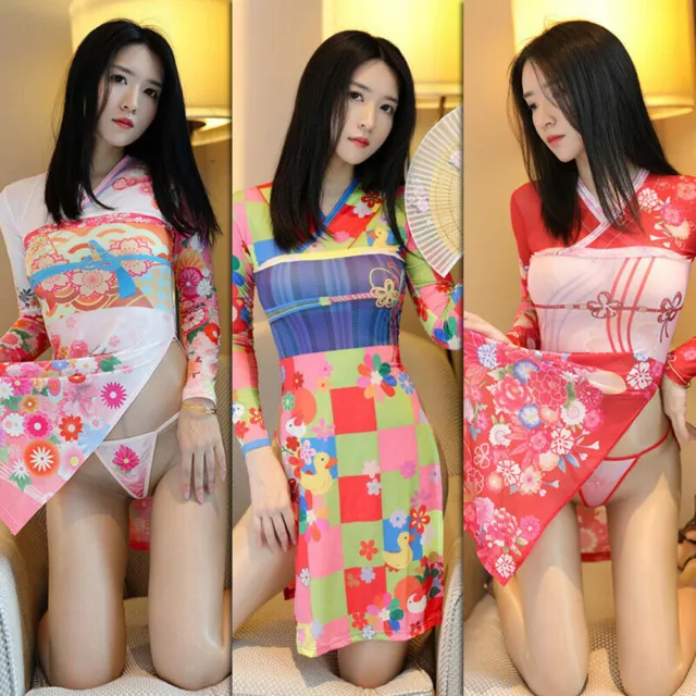 US Girl Sexy Lingerie Set Japanese Kimono Costume Nightwear Floral Blossom Skirt