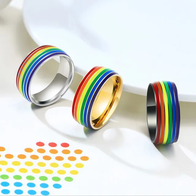 Stainless Steel Enamel Rainbow LGBT Ring Lesbian Gay RingA BH