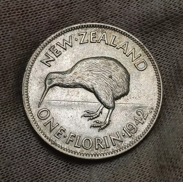 1942 New Zealand One Florin - Semi-Key Date! - Silver - George VI - Kiwi Bird