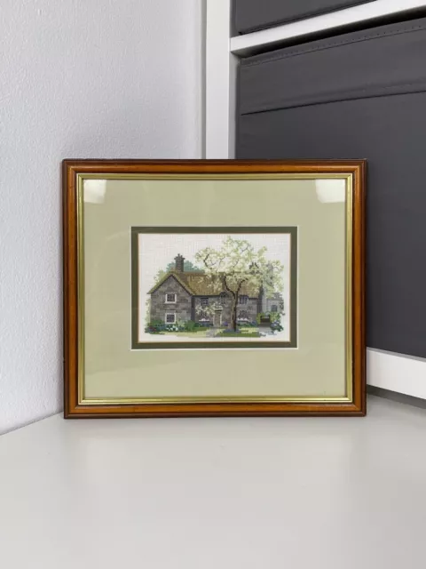 Vintage Framed Cross Stitch House Cottage Garden  12x10” Slight Damage