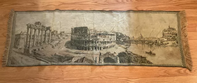 VINTAGE  17" x 54"  TAPESTRY ROMAN TEMPLE Fringed