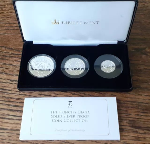 STERLING SILVER PROOF 3 COIN BOX SET + COA  PRINCESS DIANA 20th ANNI  1/499