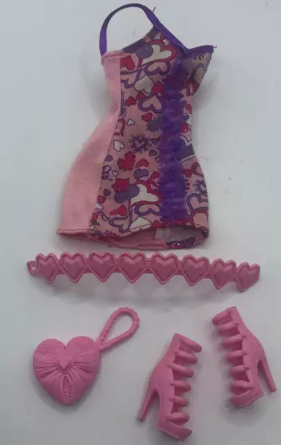 Mattel Barbie Doll Fashionistas Outfit Pink Purple Heart Print Dress Shoes Purse