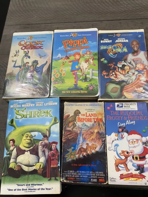 Lot of 6 Animated Children’s VHS Movies - Shrek Big Box, Space Jam, Rudolph