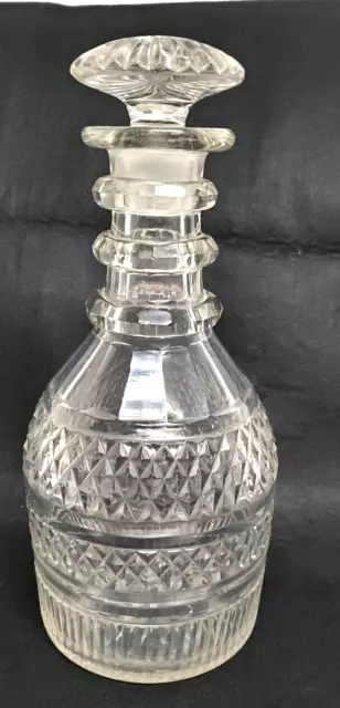 Large Quart size Antique Irish Crystal Glass Prussian Cut 3 ring decanter.