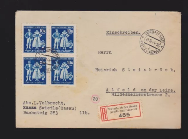 Brief Böhmen und Mähren MeF Mi.4x 135 per Einschreiben von Swietla ob der Sassau