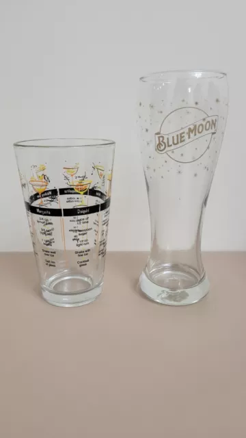 Lot 2 pcs ~ 16oz. Bar Drink Recipe Cocktail Mixing Glass & Blue Moon Beer Glass