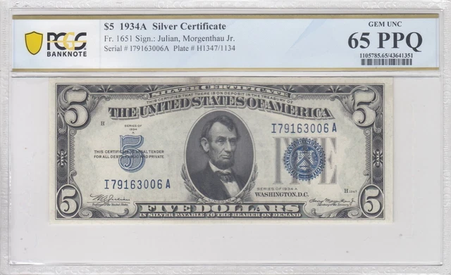 1934A $5 Silver Certificate Fr. 1651 PCGS Banknote Gem Unc 65 PPQ