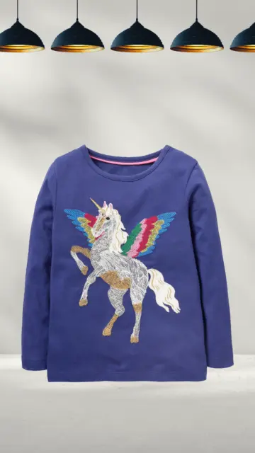 Ex Mini Boden Girl's Superstitch T-shirt in Starboard Blue Unicorn (A Bit Defect