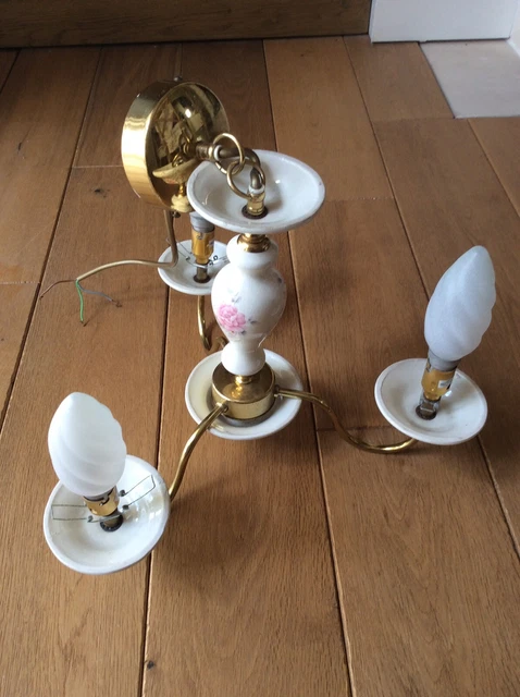 3 Arm Chandelier Shabby Chic Brass And Porcelain With Pink Wild Rose Detail