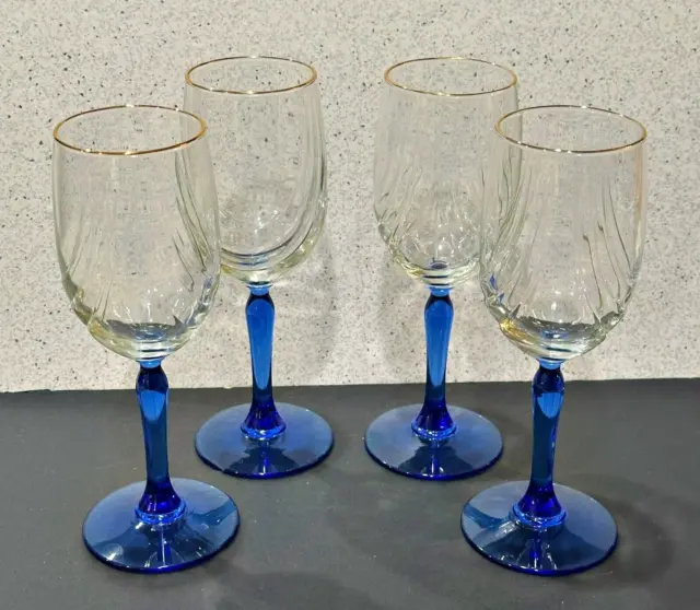Lenox Wine Glasses Cobalt Blue Stem Clear Swag Draped Bowl Gold Trim 4 Vintage