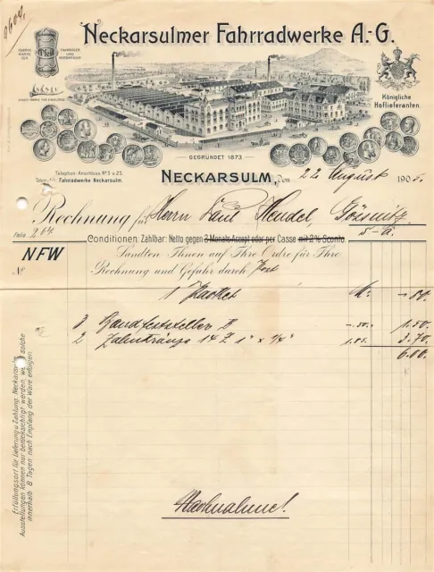 Alte Rechnungen, "Neckasulmer Fahrradwerde A.-G, Neckarsulm" 22.08.1905