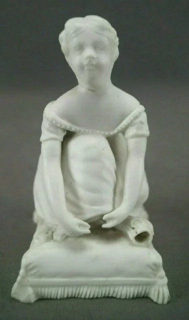 19th Century Bisque Parian Ware Good Night Girl Tying Shoes Figurine