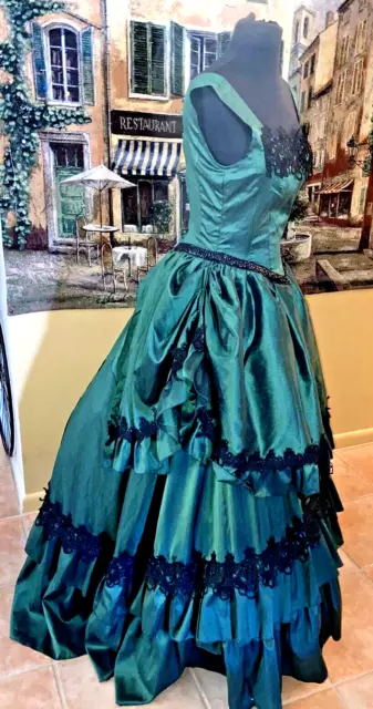 VINTAGE STYLE 80S Green Taffeta Black Lace Southern Belle Prom ...