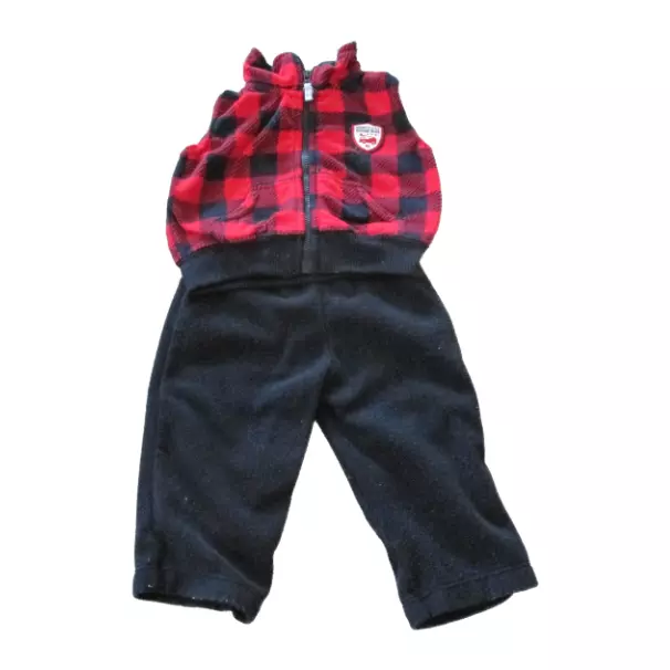 Carters Baby Boy Fleece Vest Pants Outfit 6M Black Red Zip Checkered 2 pc Infant