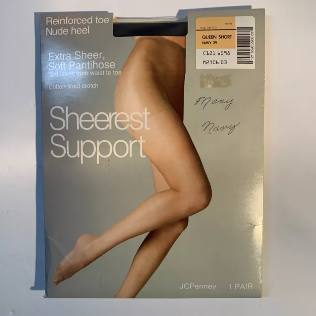 Jc Penney Sheerest Support Pantyhose Plus Size Queen Short 1X, Navy, New In Pkg