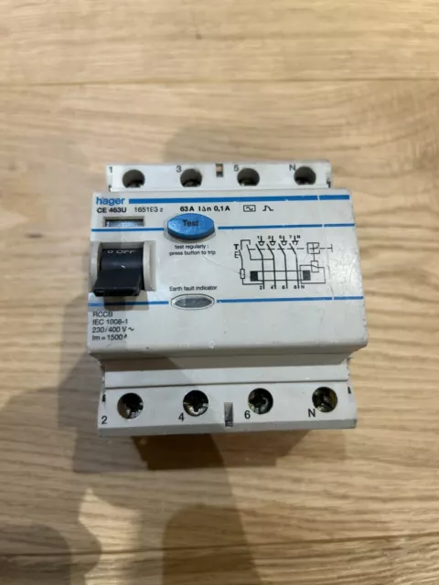 Hager 63 AMP 100mA 3 Phase Pole RCD CE 463U 0.1A Trip RCCB