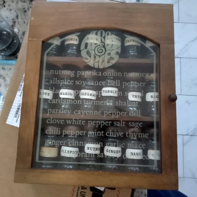 Vintage Look 3 Tier Wood Spice Rack Cabinet w/Glass Faux Stained Glass Door
