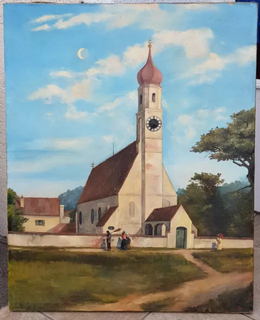 Altes Ölgemälde Uhrenbild Kirche mit Orig. Uhr Sig. 78 x 60 cm. ohne Rahmen